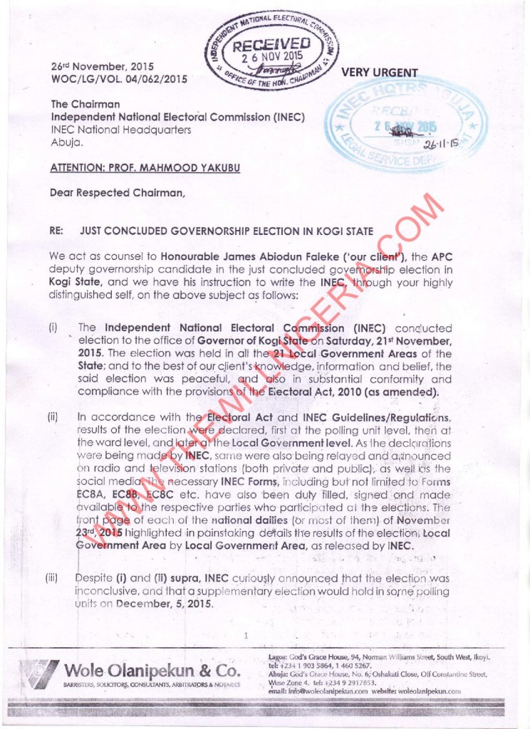 LETTER TO INEC KOGI MATTER-page-001 - THEWILL NEWS MEDIA LETTER TO INEC KOGI MATTER-page-001