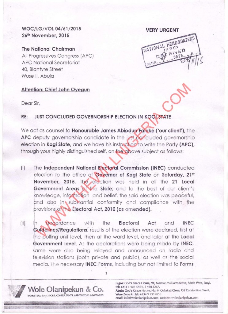 LETTER TO THE APC CHAIRMAN KOGI ELECTION-page-001 - THEWILL NEWS MEDIA LETTER TO THE APC CHAIRMAN KOGI ELECTION-page-001