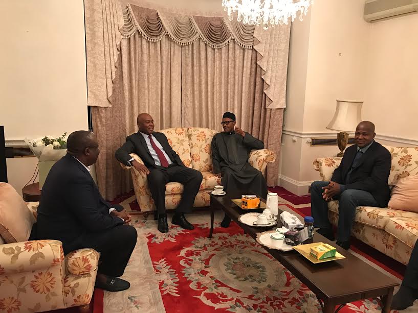 President Muhammadu Buhari receives the Senate President, Bukola Saraki; The Speaker, House Of Representatives, Yakubu Dogara and the Senate Leader, Ahmed Lawan, during their visit to the President in London, Wednesday