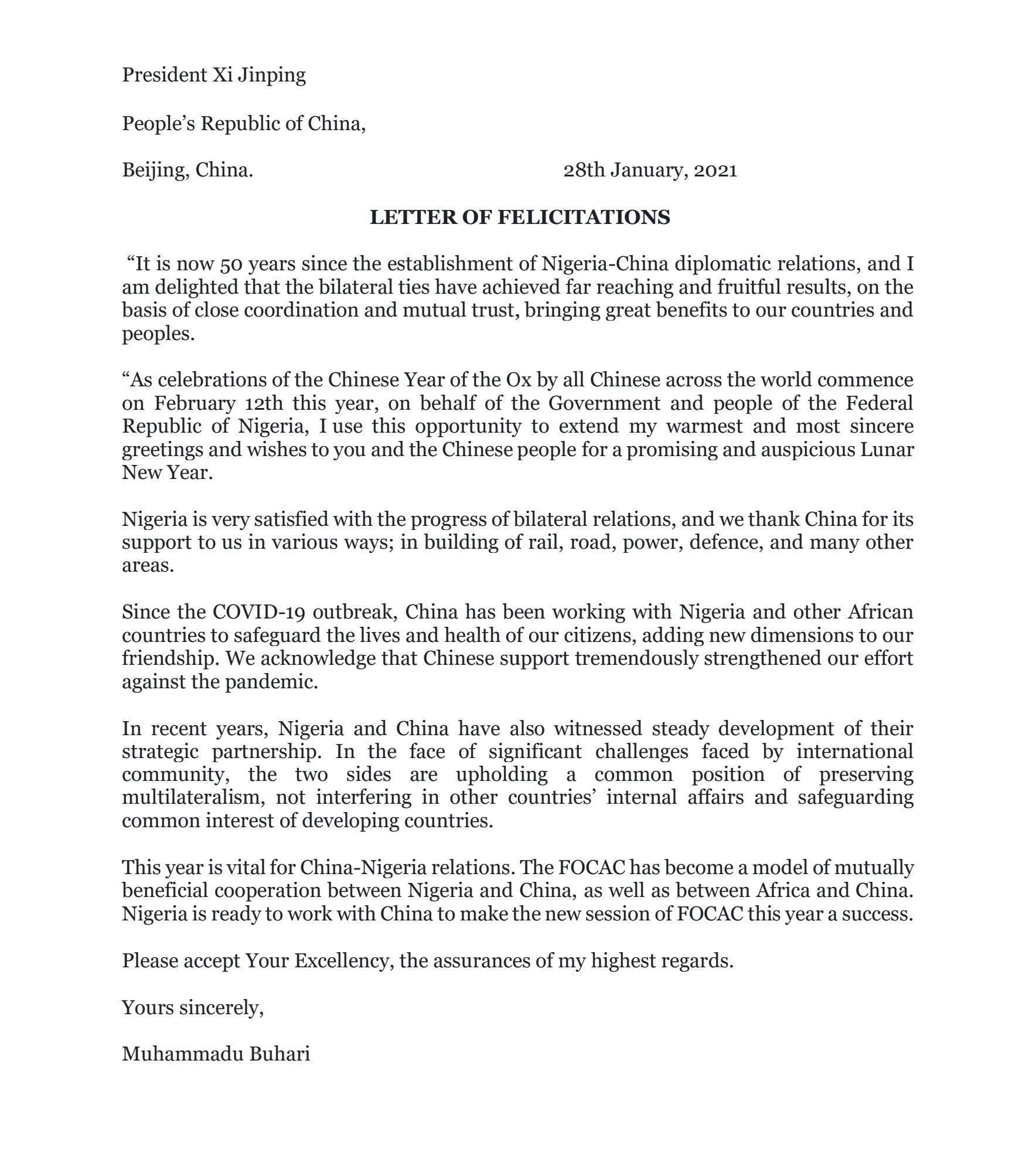 Buhari letter ti Xi Jinping - THEWILL NEWS MEDIA