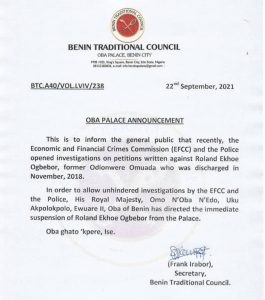 Oba of benin annoucement