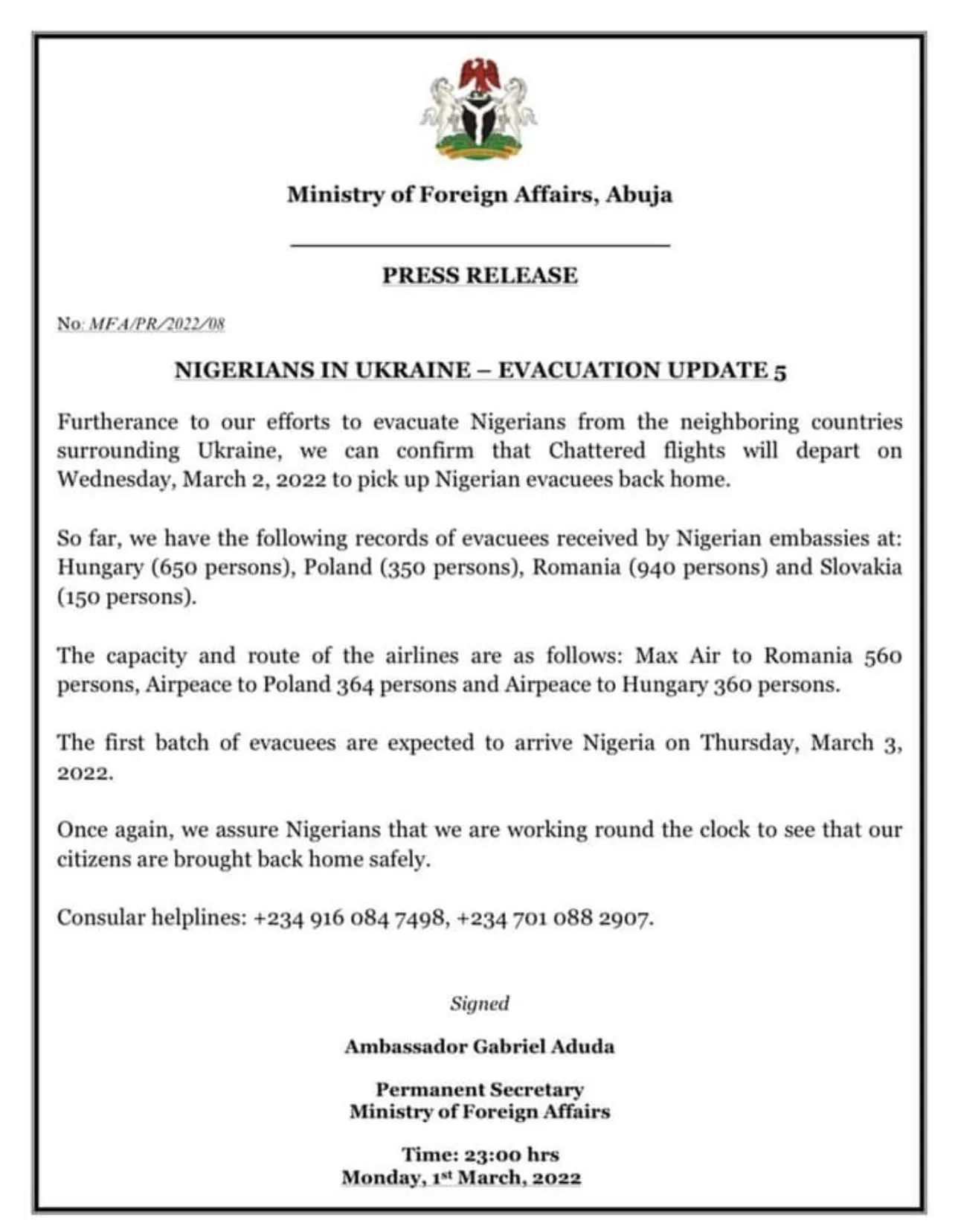 Document/Memo from Federal ministry of Foreign Affairs