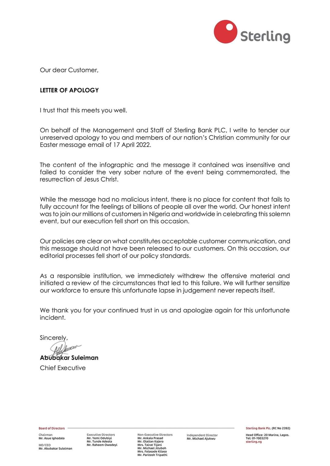 Letter of apology Sterling Bank - THEWILL NEWS MEDIA Letter of apology Sterling Bank