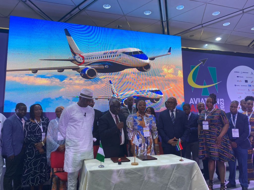 Minister of Aviation and Aerospace Development, Festus Keyamo (left); Director General, Nigeria Civil Aviation Authority (NCAA), Capt Musa Nuhu (middle), and other stakeholders during the occasion of Air Peace order of 10 aircraft at the ongoing 7th Aviation Africa Summit at the International Conference Centre in Abuja, on Thursday.