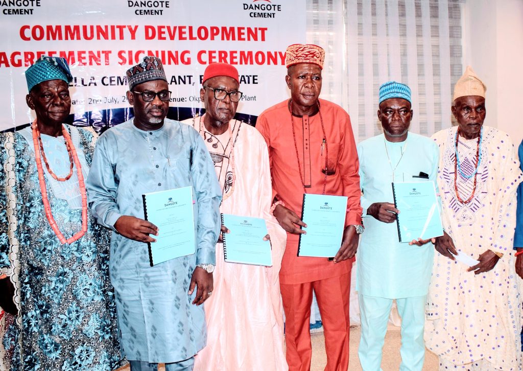  (L-R): _High Chief Daniel O. Obalo; Engr. Mohammed Ismaeel, Dangote Cement Plc, Okpella Plant Director; Chief Moshood Aliu;  Chief Peter Afiabor; Chief Eshiofune  Okpetu and Chief Paul Ilabeshi, all host communities leaders_ _at the official signing and presentation of the first Community Development Agreement (CDA) between Dangote Cement Okpella Plant and Okpella Host Communities held at the plant  at Okpella Edo._