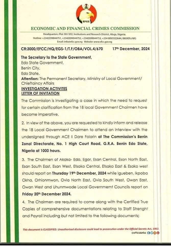 EFCC Invites Suspended Edo Council Chairmen - THEWILL NEWS MEDIA EFCC Invites Suspended Edo Council Chairmen