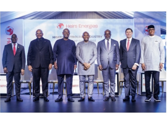 L-R: CCE, NUPRC, Engr. Gbenga Komolafe; CEO, Heirs Energies, Osa Igiehon; Minister of State for Petroleum Resources (Oil), Senator Heineken Lokpobiri; Founder/Chairman, Heirs Holdings and Chairman Heirs Energies, Tony O. Elumelu, CFR; OPEC Board of Governors Chairman for Nigeria & CEO, First E&P, Ademola Adeyemi-Bero; CEO, Seplat Energy, Roger Brown and Executive Vice President, Upstream, NNPC Limited, Udobong Ntia, at the Heirs Energies' Nigeria Petroleum Industry Discourse which held at the Transcorp Hilton Abuja.