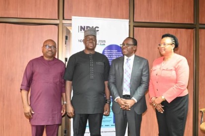 L – R: EXPLORING COLLABORATION: Deputy General Manager, Enterprise Support Services, Nigeria Interbank Settlement System (NIBSS), Mr Bola Enigbokan, Managing Director/CE, Mr. Premier Oiwoh; Managing Director/CE, Nigeria Deposit Insurance Corporation, Mr. Thompson Oludare Sunday; and ED (Corporate Services), Emily Osuji during a courtesy visit by NIBSS Management team to the NDIC.