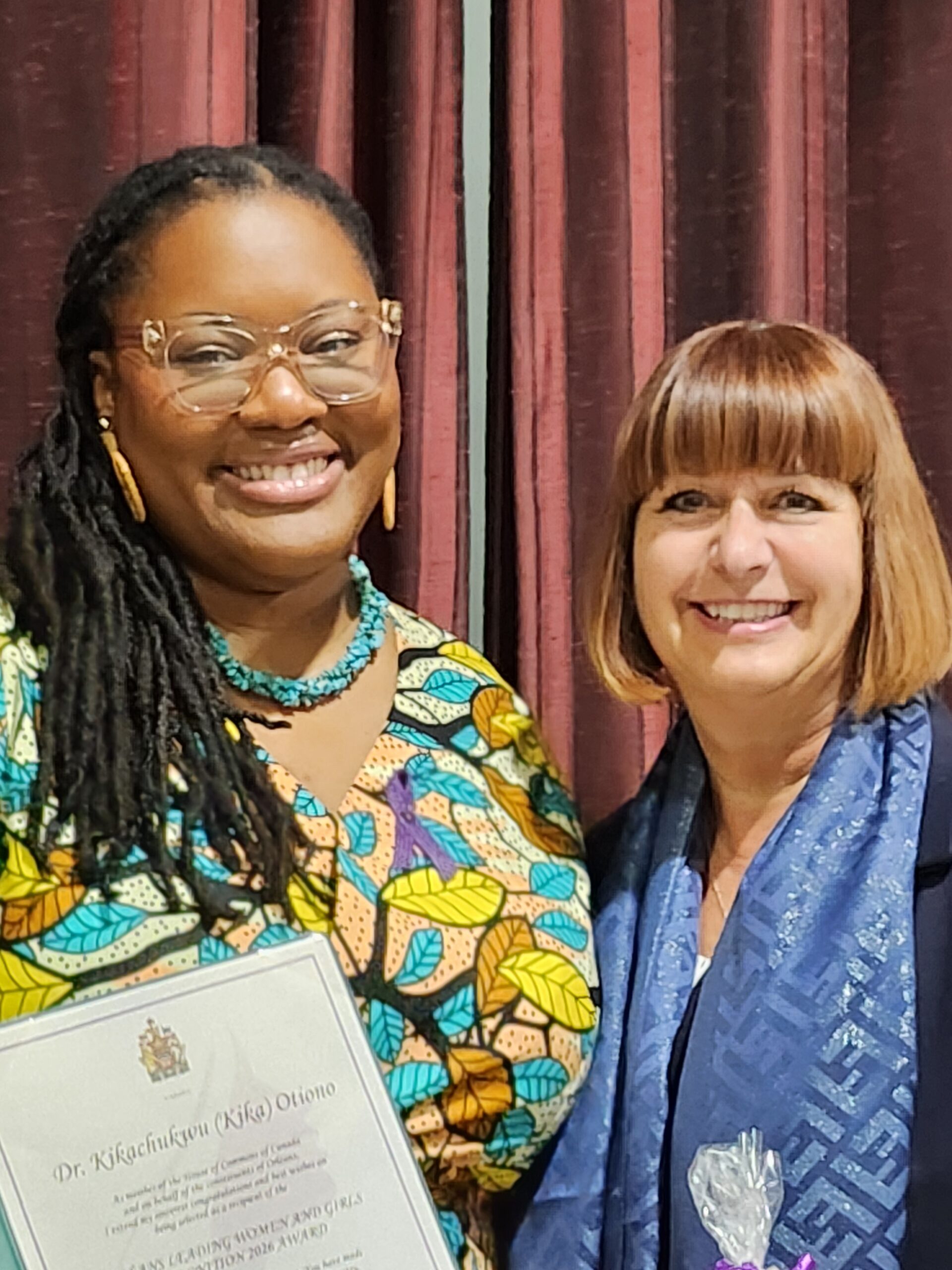 Dr. Kika Otiono and MP Marie France Lalonde at the award ceremony in Ottawa on March 6, 2026.