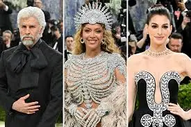 Bad Bunny, Beyonce, Anne Hathaway (Variety) - THEWILL NEWS MEDIA Three celebrities on a red carpet: left man in a black cape, center woman in a metallic jeweled dress with a headdress, right woman in an ornate black-and-white gown.