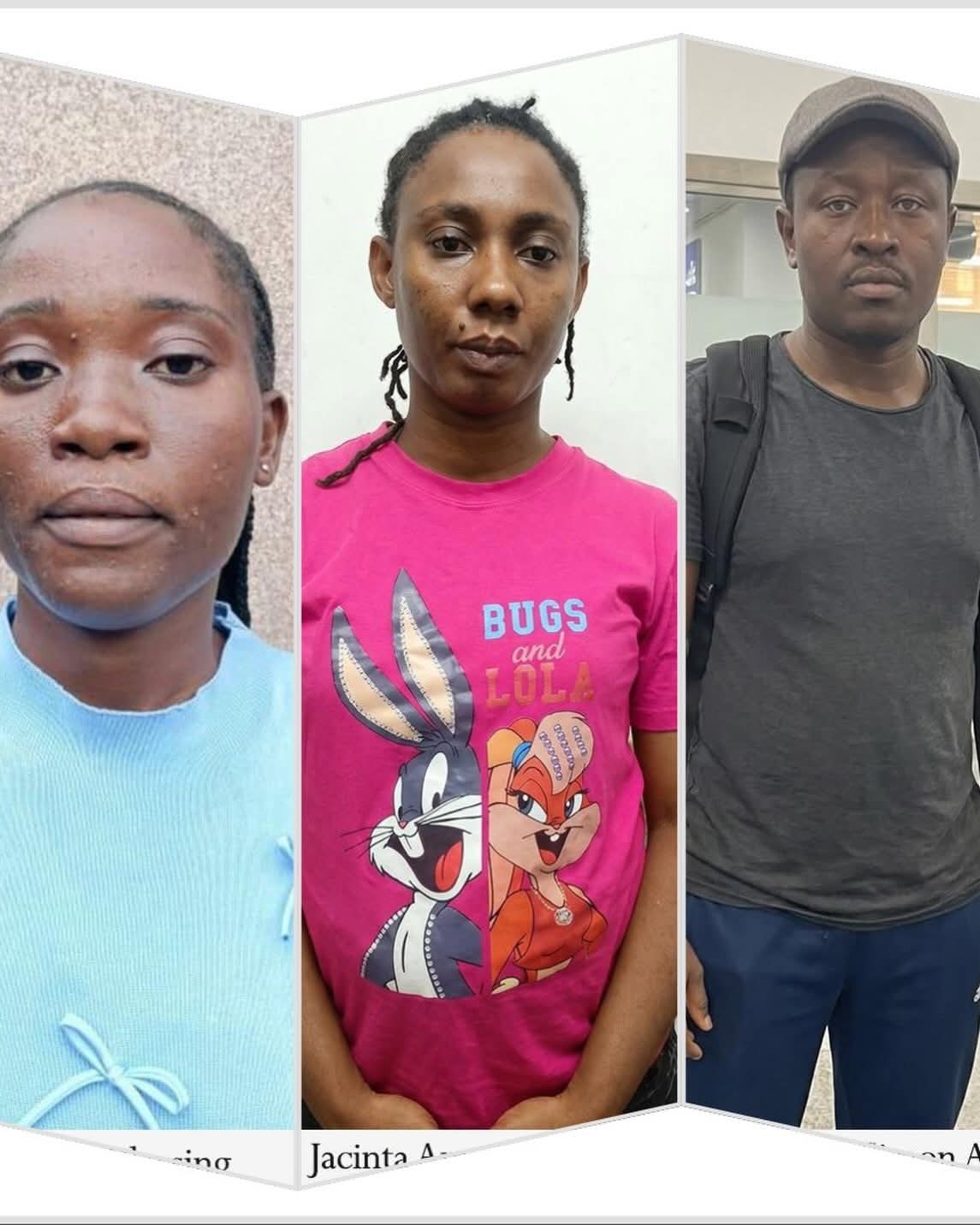 Three forward-facing portraits in a collage: left a young girl in blue, middle a woman in a pink Bugs and Lola Bunny shirt, right a man in a gray T-shirt and cap.