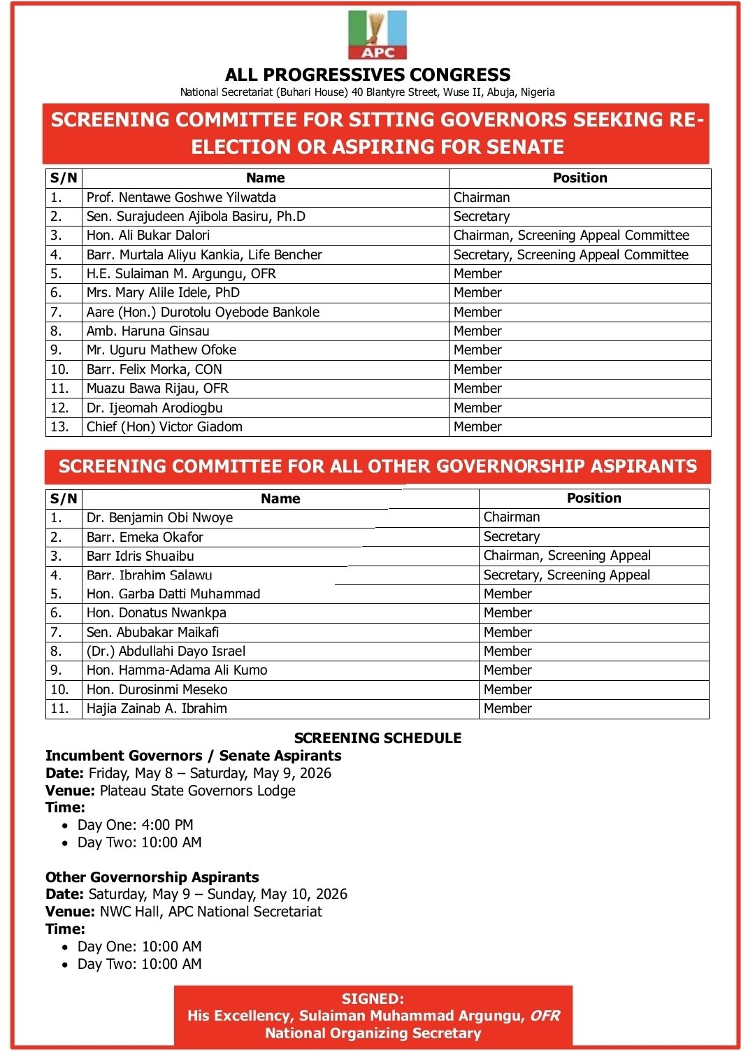 APC screening committee poster listing governors and aspirants with names and positions, plus scheduling info - THEWILL NEWS MEDIA APC screening committee poster listing governors and aspirants with names and positions, plus scheduling info