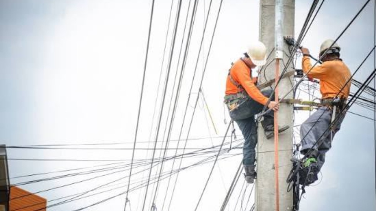 A representation of Electricity workers - THEWILL NEWS MEDIA Two utility workers wearing hard hats climb a tall concrete pole amid a tangle of power lines.