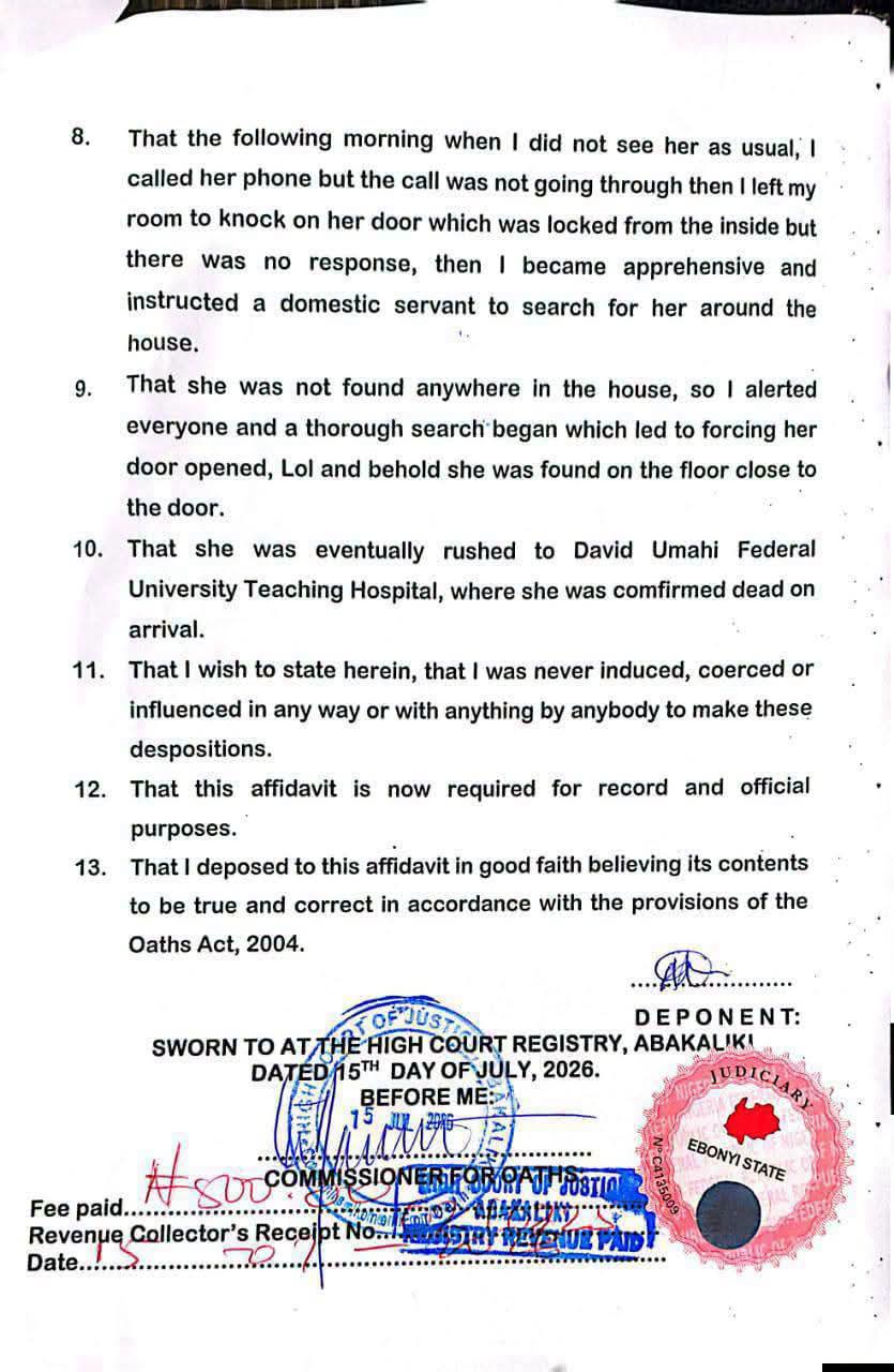 Affidavit page showing numbered clauses 8–13, with signatures and blue circular seal plus red judicial seal at the bottom.