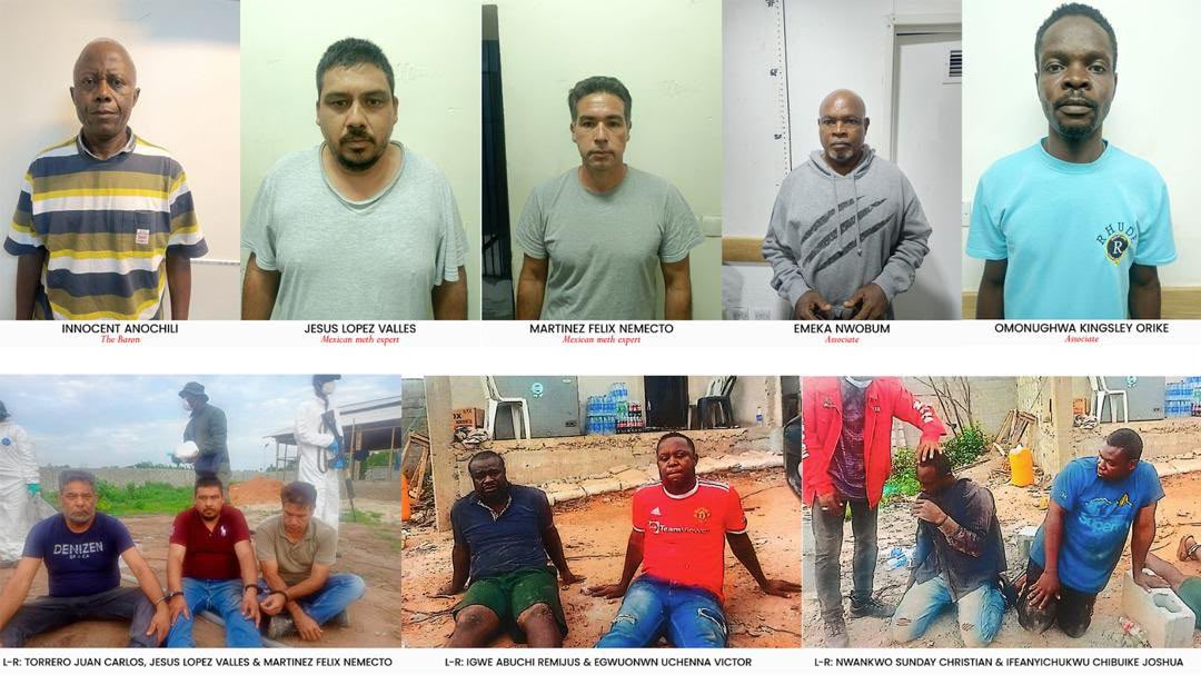Two-row collage of ten men: top row are mugshot portraits with captioned names, bottom row seated outdoors with more names captioned beneath.