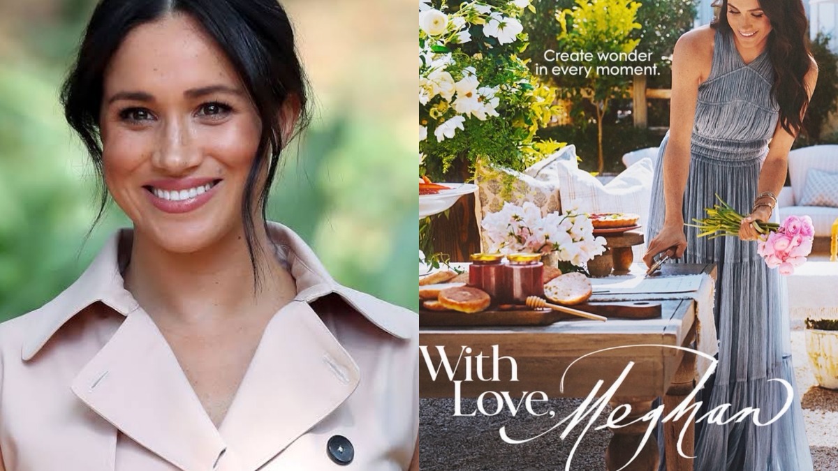 Left: close-up of a smiling woman with dark hair wearing a light trench coat. Right: outdoor wedding-style table setup with flowers and a woman in a blue dress; text reads 'With Love, Meghan'.