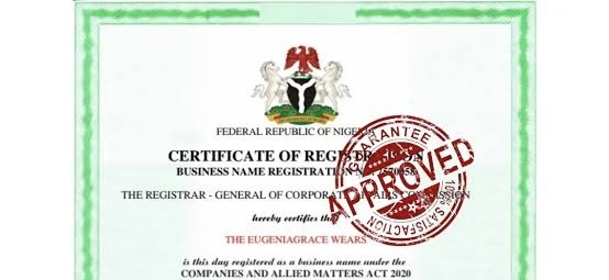 Certificate of registration with an official 'APPROVED' stamp and green border, indicating a registered business in Nigeria.