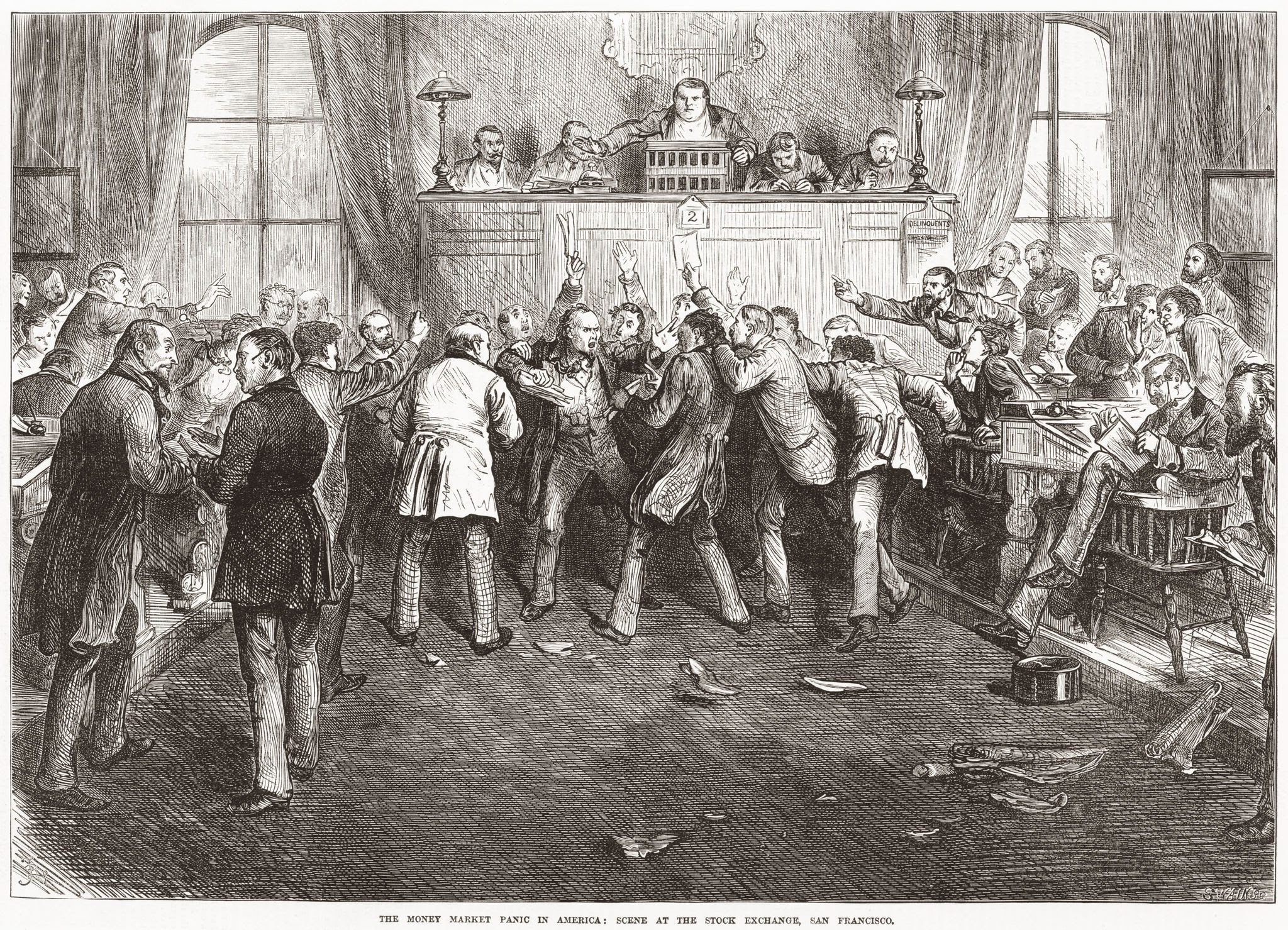 Traders historically experience intense emotional stress when major financial markets shift rapidly. Source: bunhill Smart Investors - THEWILL NEWS MEDIA Crowded stock exchange floor in panic as traders raise hands and shout while officials watch from a balcony-like dais.