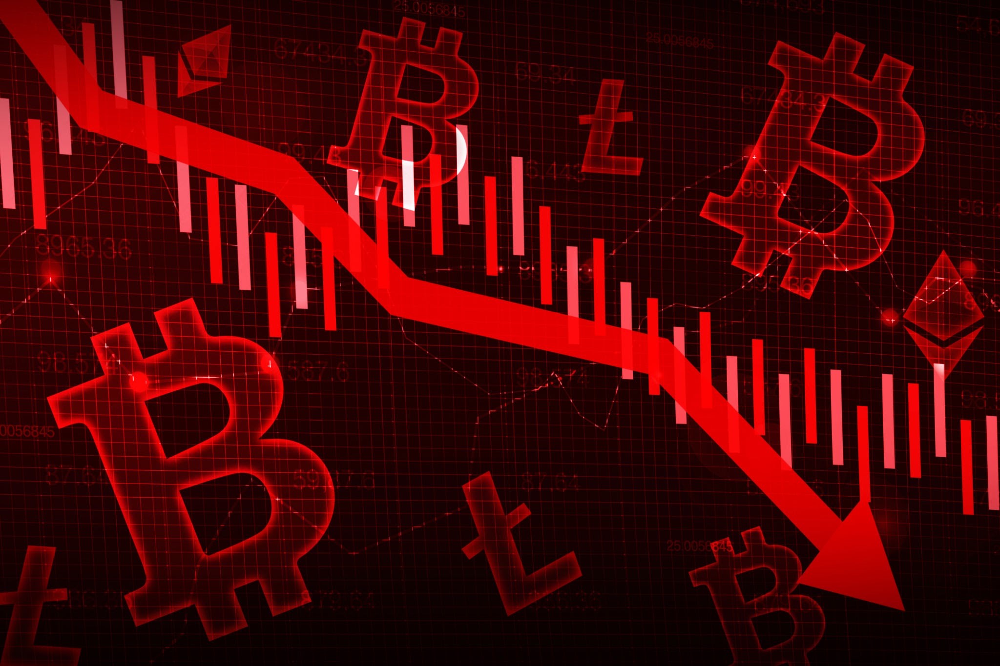 Global economic pressures are forcing institutional investors to pull their cash out of volatile digital assets. Source: Muhammad Farhad. - THEWILL NEWS MEDIA Red abstract background with Bitcoin symbols and a downward stock chart trend for a fall in crypto prices, conveying a market downturn