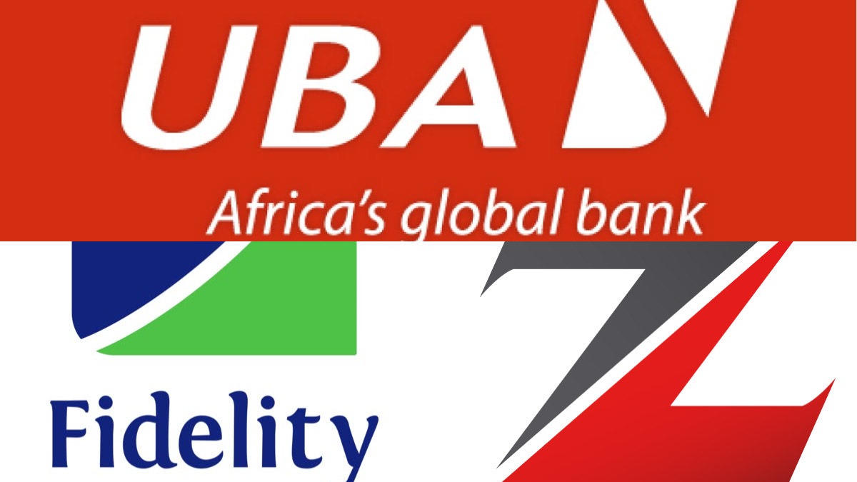 Collage of three bank logos: UBA, Fidelity, and a stylized red-gray Z mark.