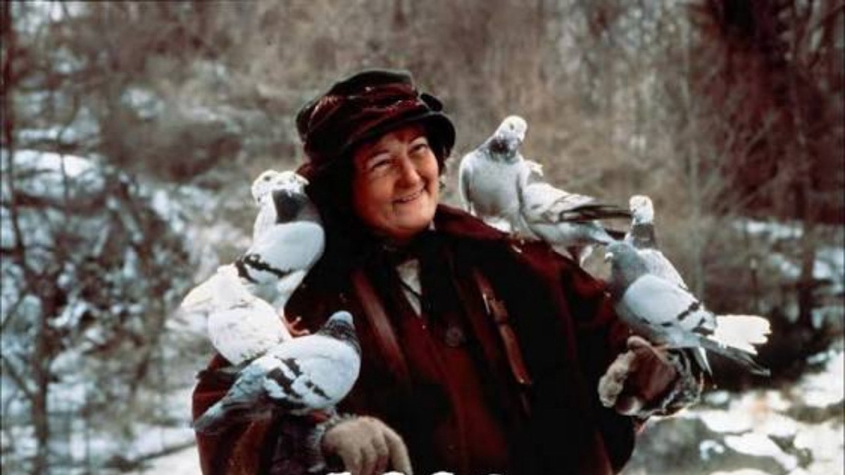 Smiling woman in a dark red winter coat with multiple white pigeons perched on her gloved arms in a snowy forest setting.
