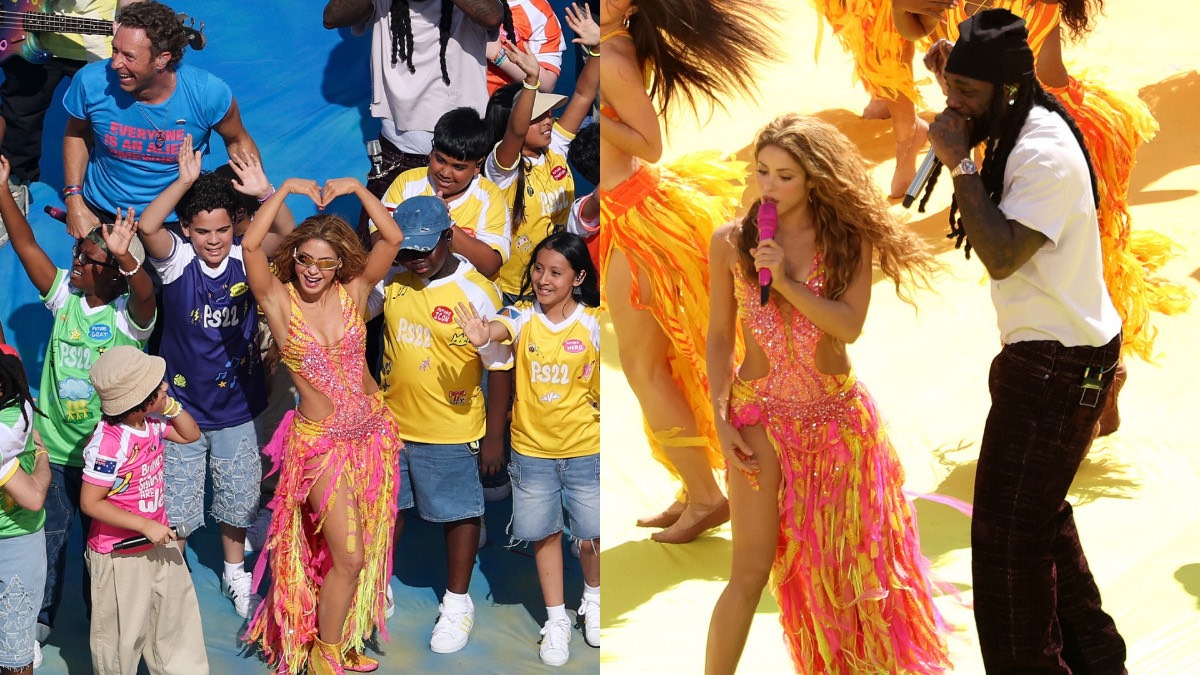 Shakira, Chris Martin and PS22 Chorus on Stage rounding up the halftime show. Credit: Entertainment Tonight via Instagram | Shakira and Burna Boy performing with dancers behind them. Shakira Via Instagram - THEWILL NEWS MEDIA Burna Boy
