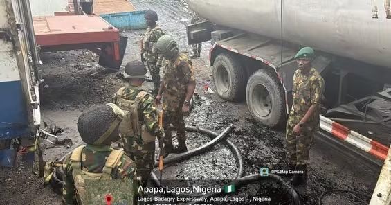 Troops of the Nigerian Army inspect a suspected illegal bunkering site in Apapa, Lagos, during an intelligence-led operation that uncovered equipment allegedly used for illicit petroleum activities. Photo credit: Nigerian Army. - THEWILL NEWS MEDIA