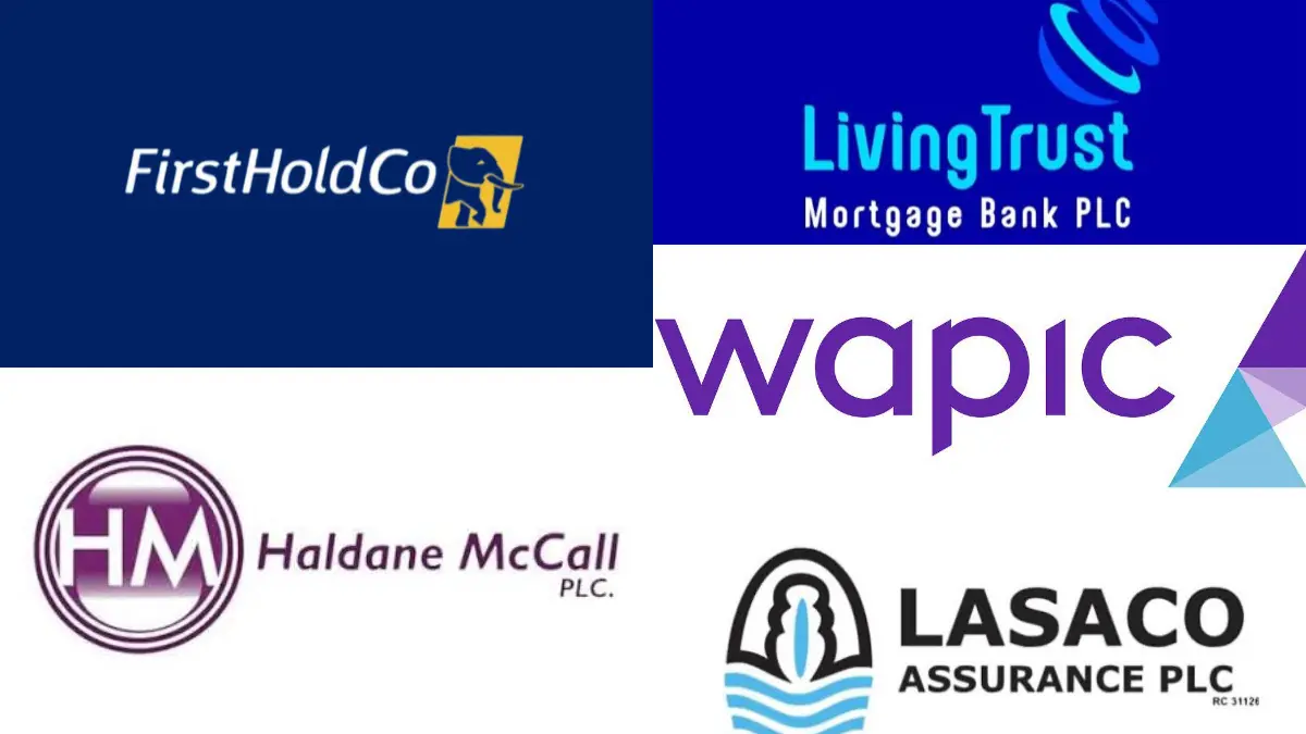 Collage of five financial services logos: FirstHoldCo, LivingTrust Mortgage Bank PLC, Wapic, Haldane McCall PLC, and Lasaco Assurance PLC.