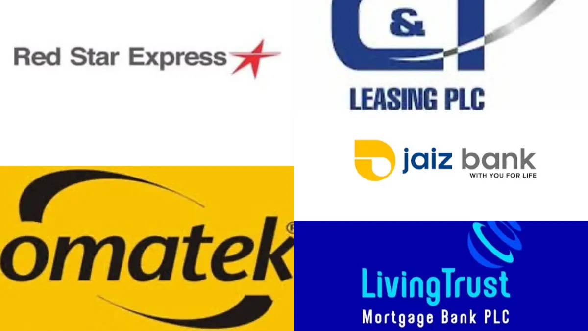 Collage of five corporate logos: Red Star Express, Leasing PLC, Jaiz Bank, Omatek, and LivingTrust Mortgage Bank PLC.