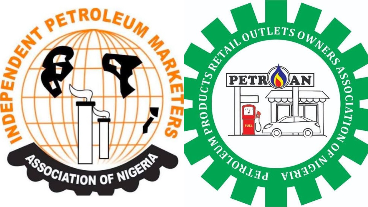 Two Nigerian petroleum trade association logos side by side: left shows a globe with pipes and flames and the text Independent Petroleum Marketers Association of Nigeria; right displays a gas station illustration inside a green gear with the text Petroleum Products Retail Outlets Owners Association of Nigeria.