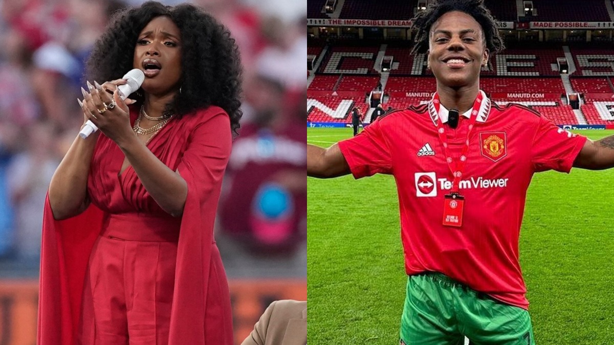 J Hudson and Ishowspeed - THEWILL NEWS MEDIA Split image: left side shows a woman in a red outfit singing into a microphone on stage; right side shows a soccer player in a red Manchester United jersey celebrating on the field.