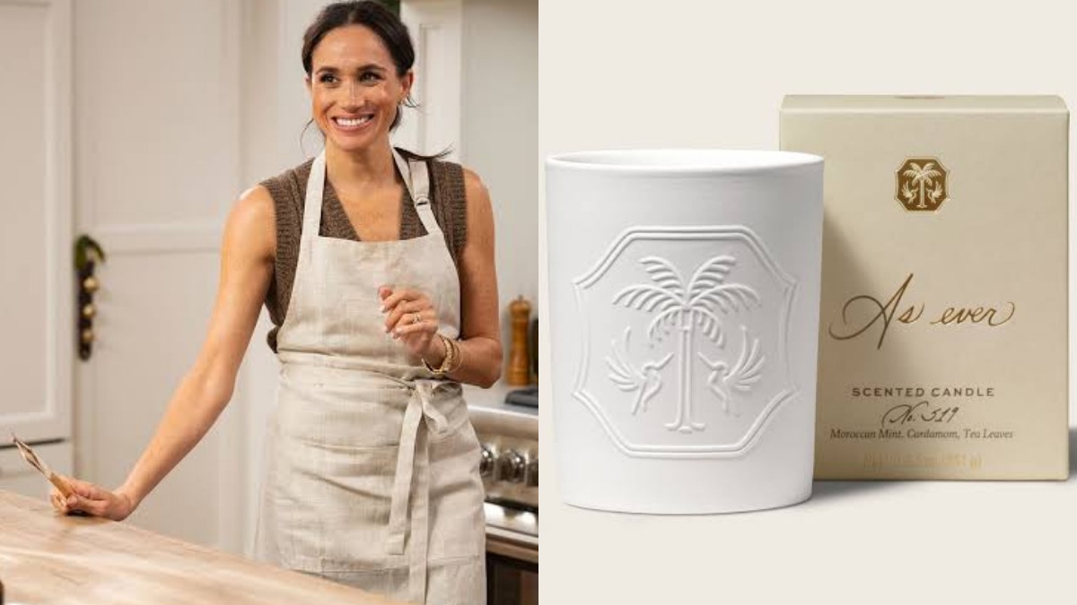 Woman in a beige apron leans on a kitchen island and smiles at the camera; a warm, homey scene on the left side of the image.