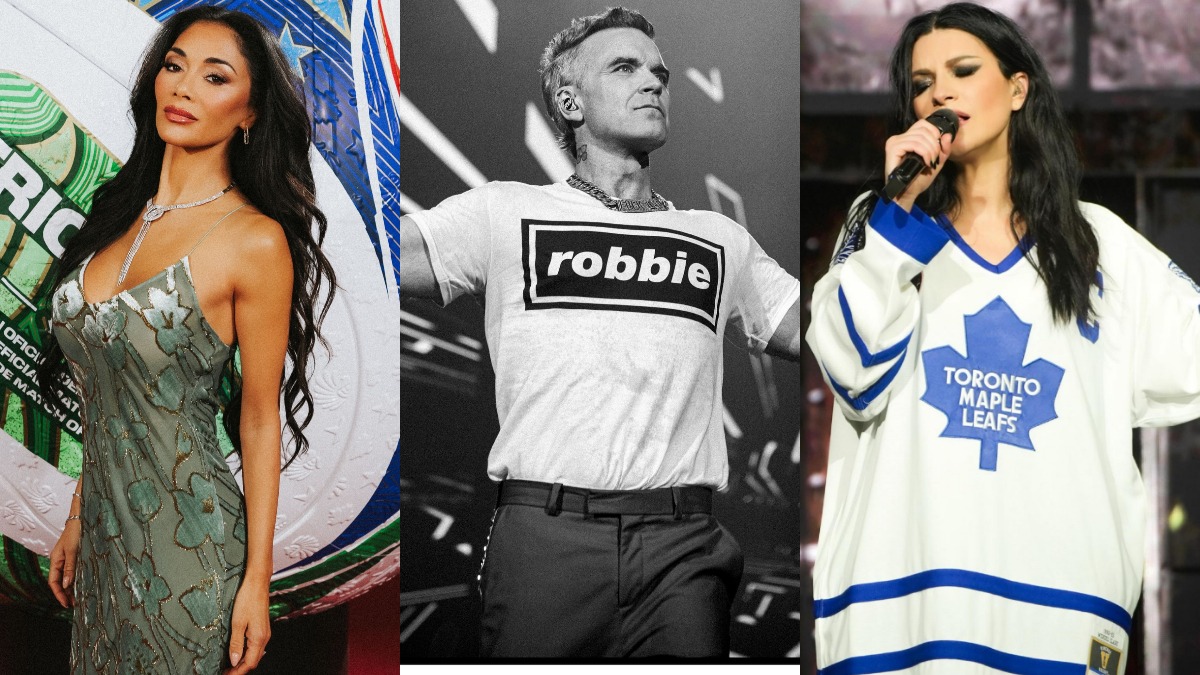 Nicole, Robbie and Laura - THEWILL NEWS MEDIA Three performers on stage: left a woman in a silver-green dress posing by colorful balloons, center a man wearing a'robbie' shirt with arms raised, right a woman in a white Toronto Maple Leafs jersey singing into a microphone.