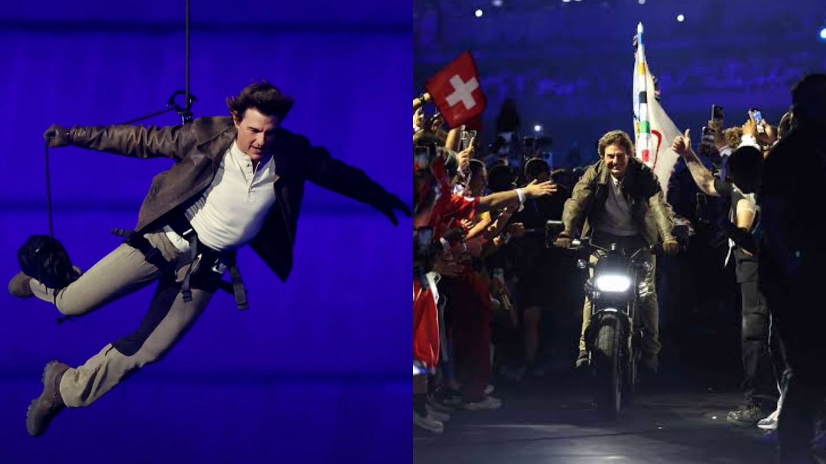Tom Cruise Stunt - THEWILL NEWS MEDIA Stuntman suspended on a harness mid‑air against a blue background on the left, and a man riding a motorcycle through a cheering crowd on the right at a nighttime event