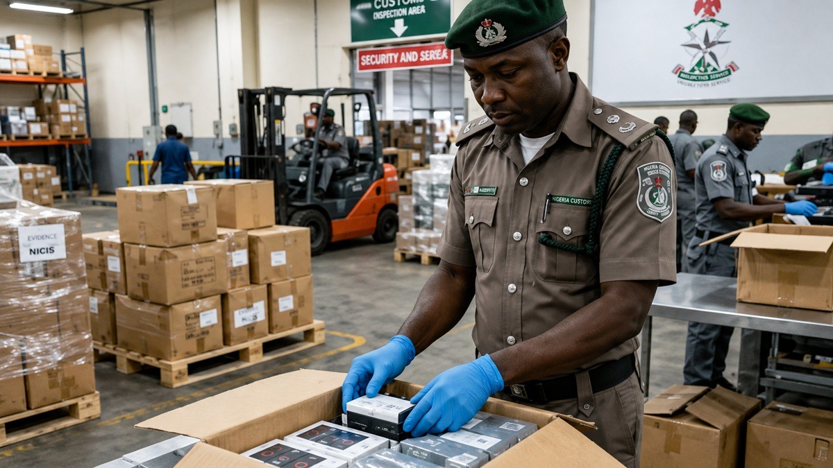 A representation of acustoms officer inspecting imported good - THEWILL NEWS MEDIA Customs officer wearing green beret and gloves inspects boxed goods in a warehouse packing area with pallets and a forklift in the background.