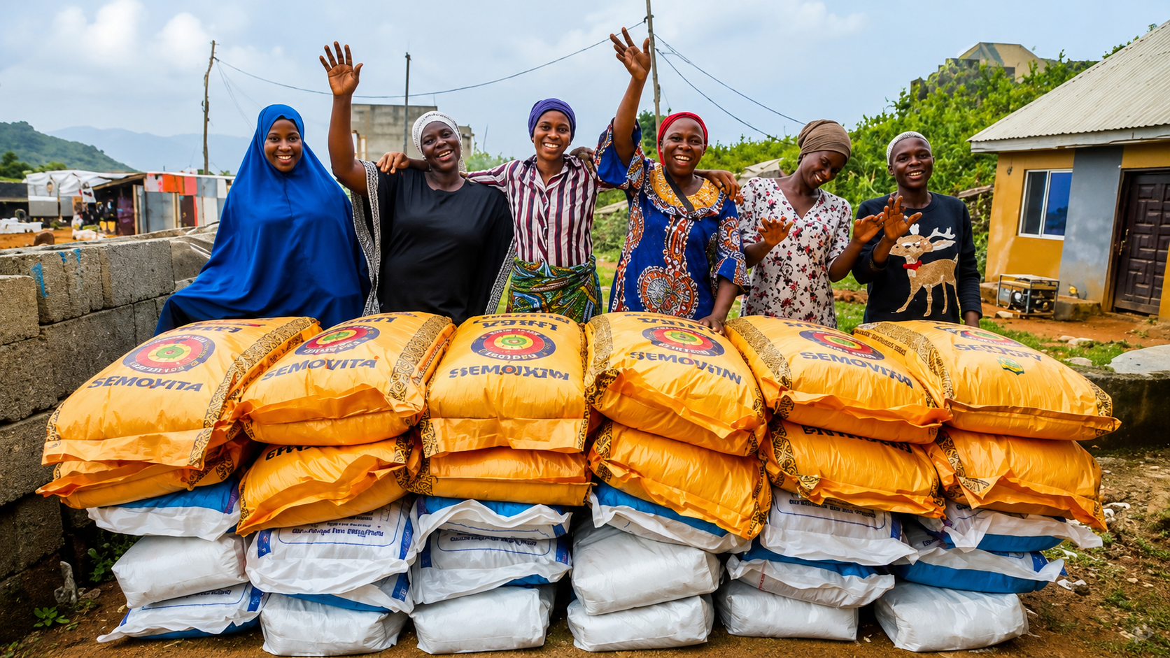 A representation of structured financing - THEWILL NEWS MEDIA Five smiling women stand behind a stack of orange and white sacks labeled SEMOVITA, waving at the camera in a rural setting.