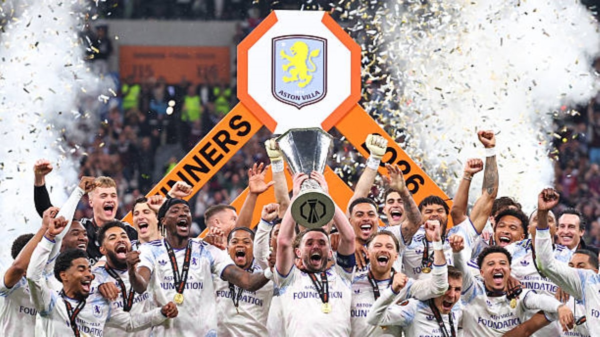 Aston Villas route to Salzburg - THEWILL NEWS MEDIA Aston Villa players celebrate winning a trophy, lifting it high as confetti falls around them