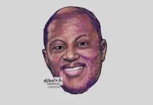 Stylized digital portrait of a smiling man with purple-pink shading and a signature in the bottom-left corner.