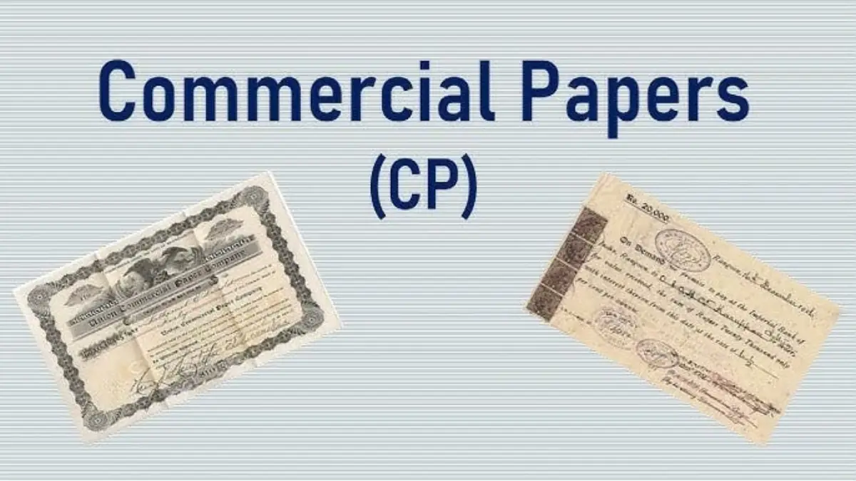 Commercial Paper representation - THEWILL NEWS MEDIA Informative image about Commercial Papers (CP) with two old financial certificates on a striped background.