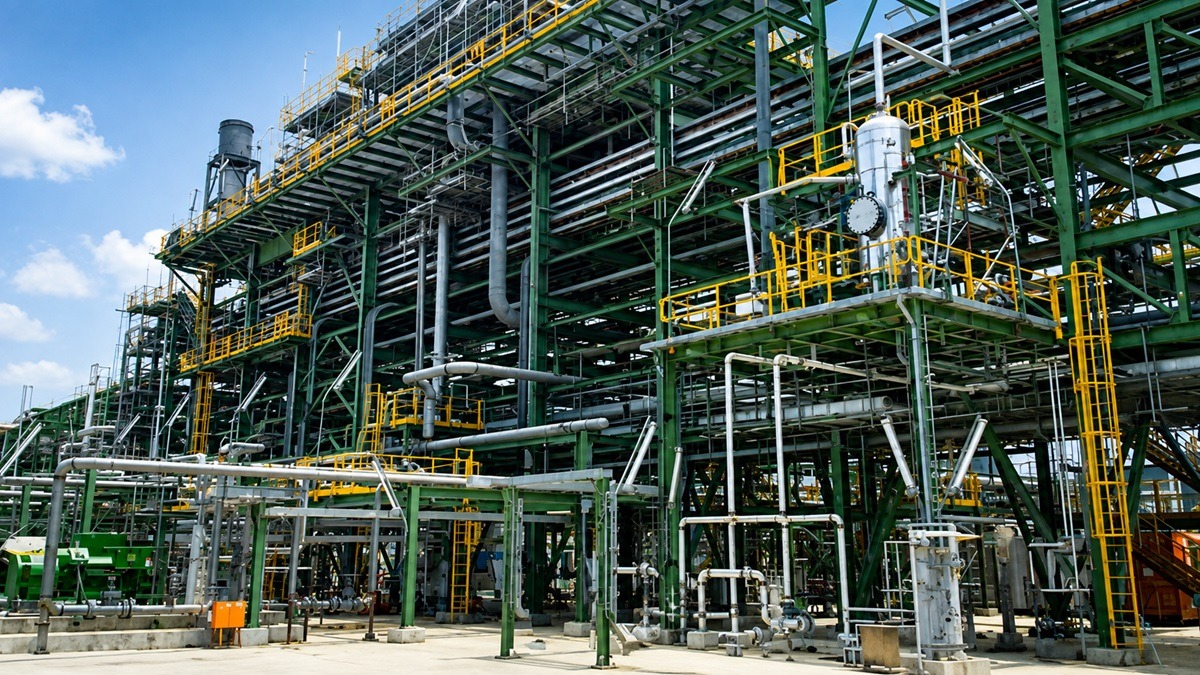 Dangote Refinery - THEWILL NEWS MEDIA Industrial refinery structure with green steel framework, numerous yellow railings, and a network of pipes and platforms outdoors on a sunny day