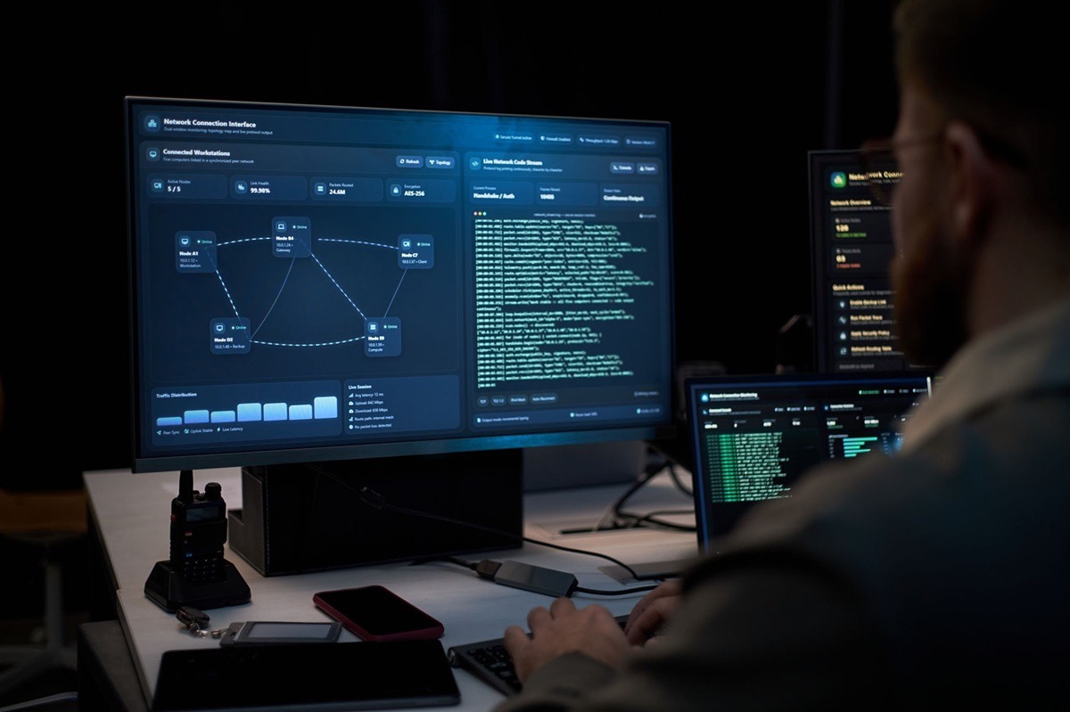 Digital forensics and cyber threat monitoring - THEWILL NEWS MEDIA Person analyzes a network dashboard on a large monitor displaying a node graph and data panels at a cluttered desk.