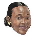 Stylized illustration of a smiling woman with dark hair pulled back, wearing a gold flower-shaped earring on her left ear.