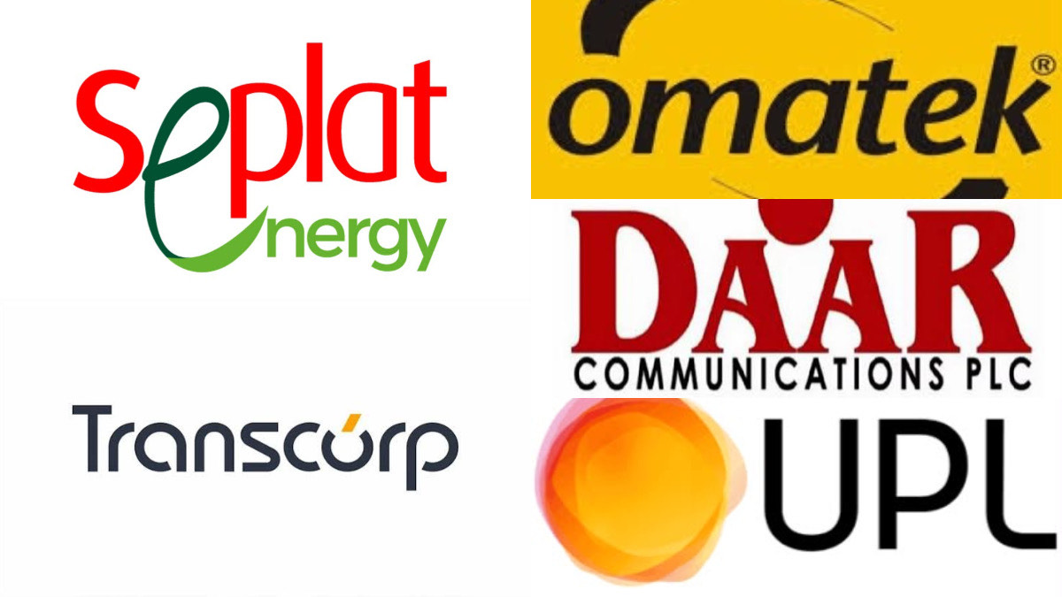 IMG_7902 - THEWILL NEWS MEDIA Collage of five company logos: Splot Energy (red/green), Omatek (yellow), Daar Communications PLC (red), Transcorp (gray), and UPL with an orange circle emblem.