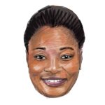 Illustrated portrait of a smiling Black woman with short dark hair (head-and-shoulders).