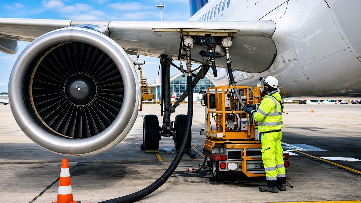 Jet fuel 2 - THEWILL NEWS MEDIA Ground crew refueling a large passenger jet engine with a connected hose, worker in neon safety gear nearby.