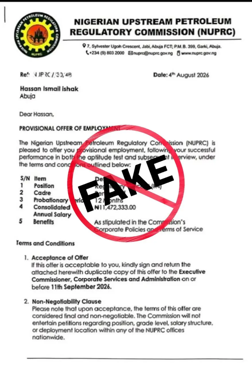 NUPRC - THEWILL NEWS MEDIA Document header for the Nigerian Upstream Petroleum Regulatory Commission (NUPRC) with a large red FAKE stamp across the page, indicating a fraudulent employment offer letter