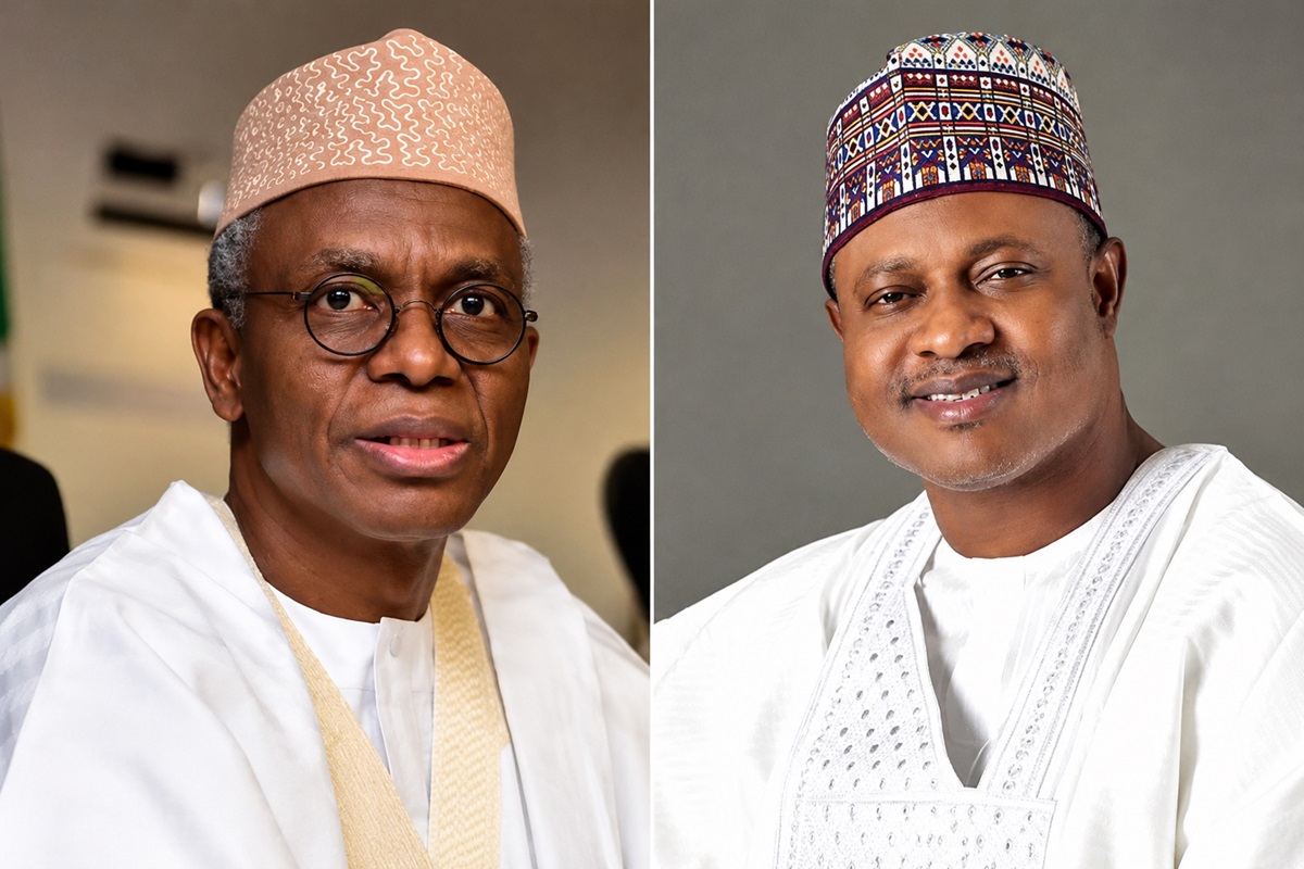 Nasir El- Rufai and Uba Sani - THEWILL NEWS MEDIA Two men in traditional white Nigerian attire with embroidered caps, shown in side-by-side portraits; left man wears glasses and a beige patterned cap, right man wears a multicolored patterned cap.