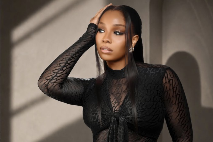 Neche - THEWILL NEWS MEDIA Portrait of a woman in a sheer black top posing with one hand in her hair, indoors.