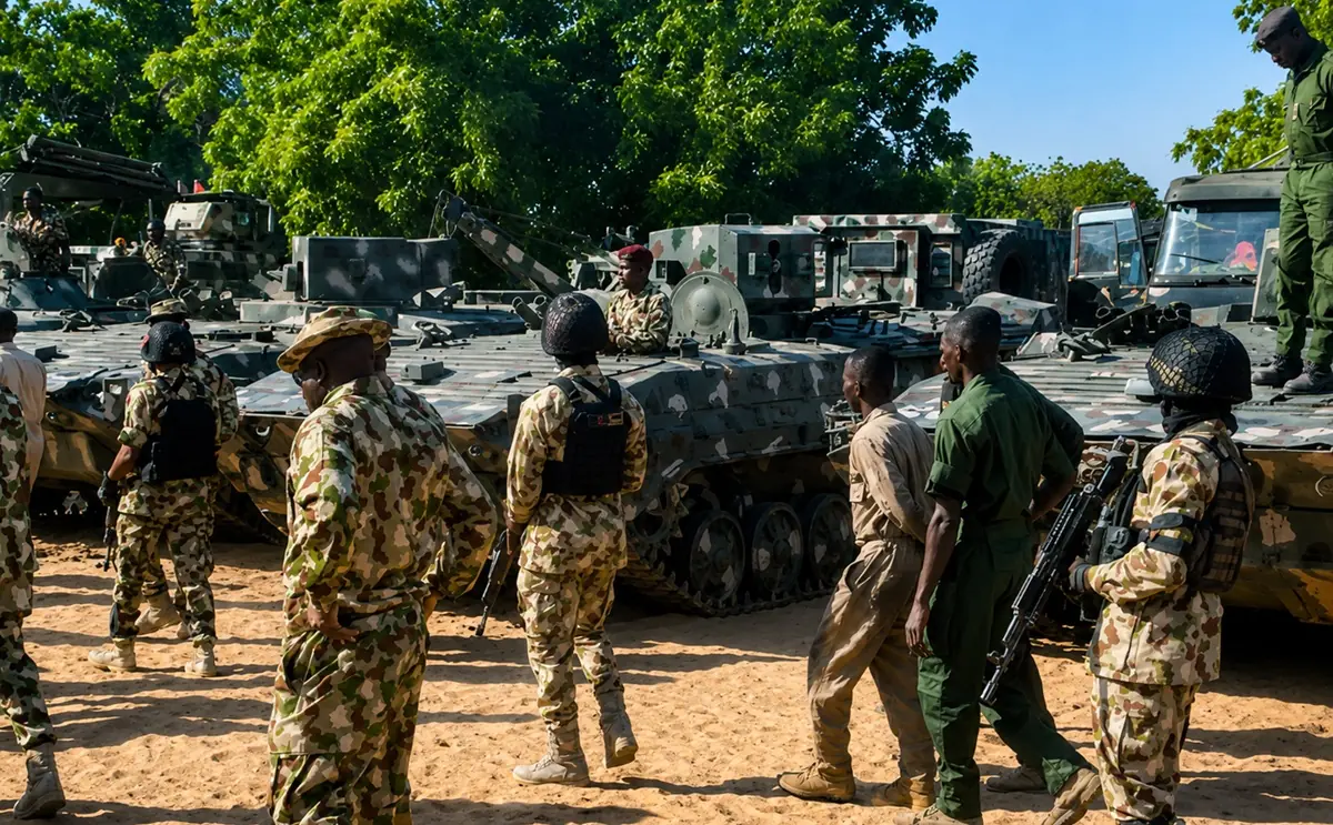 Nigerian Military-Army-troops - THEWILL NEWS MEDIA Soldiers in camouflage and green uniforms stand near a large armored vehicle on a dusty ground with trees in the background.
