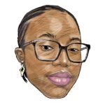 Illustrated portrait of a Black woman wearing large rectangular glasses and diamond-shaped earrings.